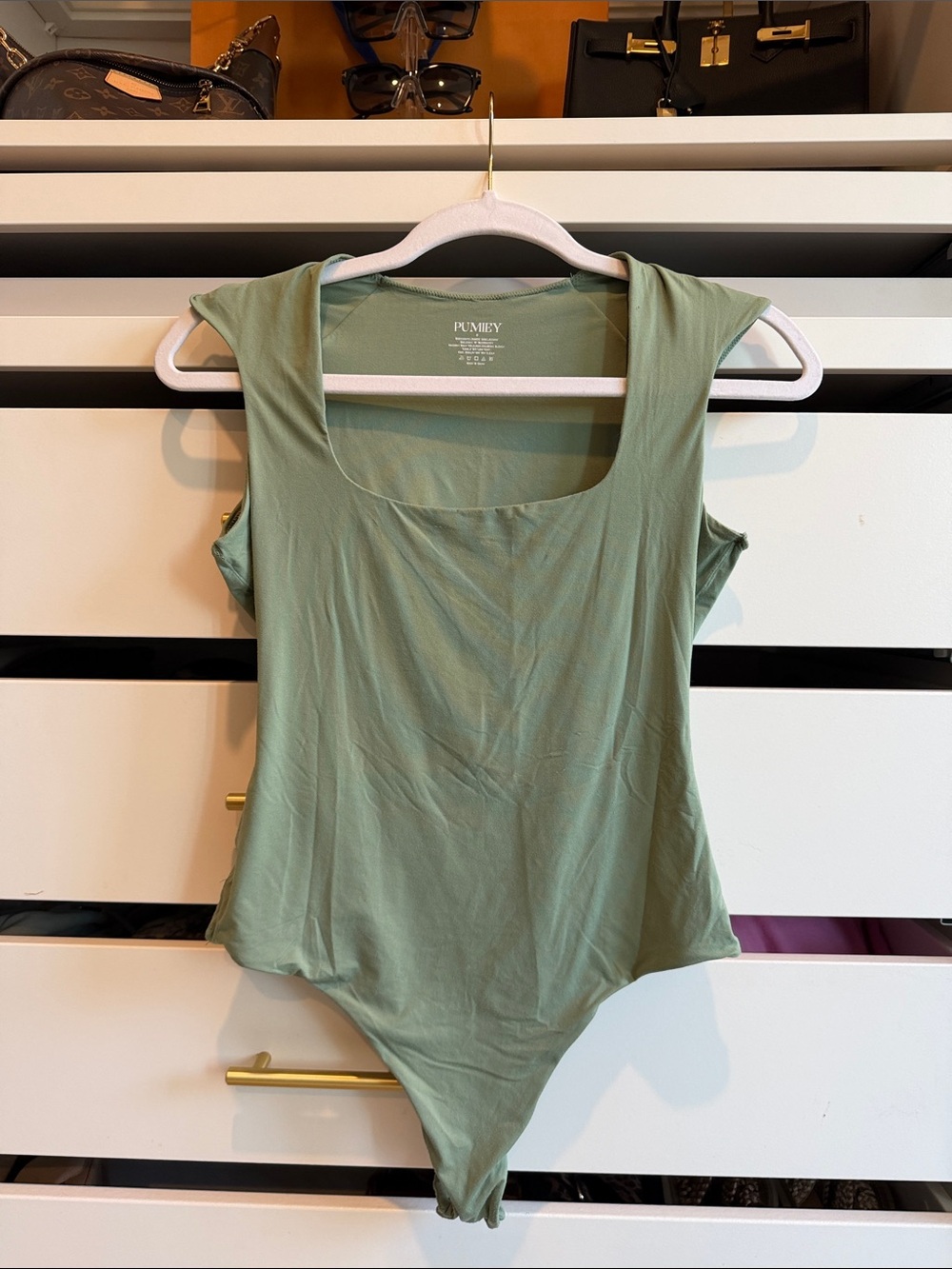 Pumiey Women's Sage Green Square Neck Bodysuit
